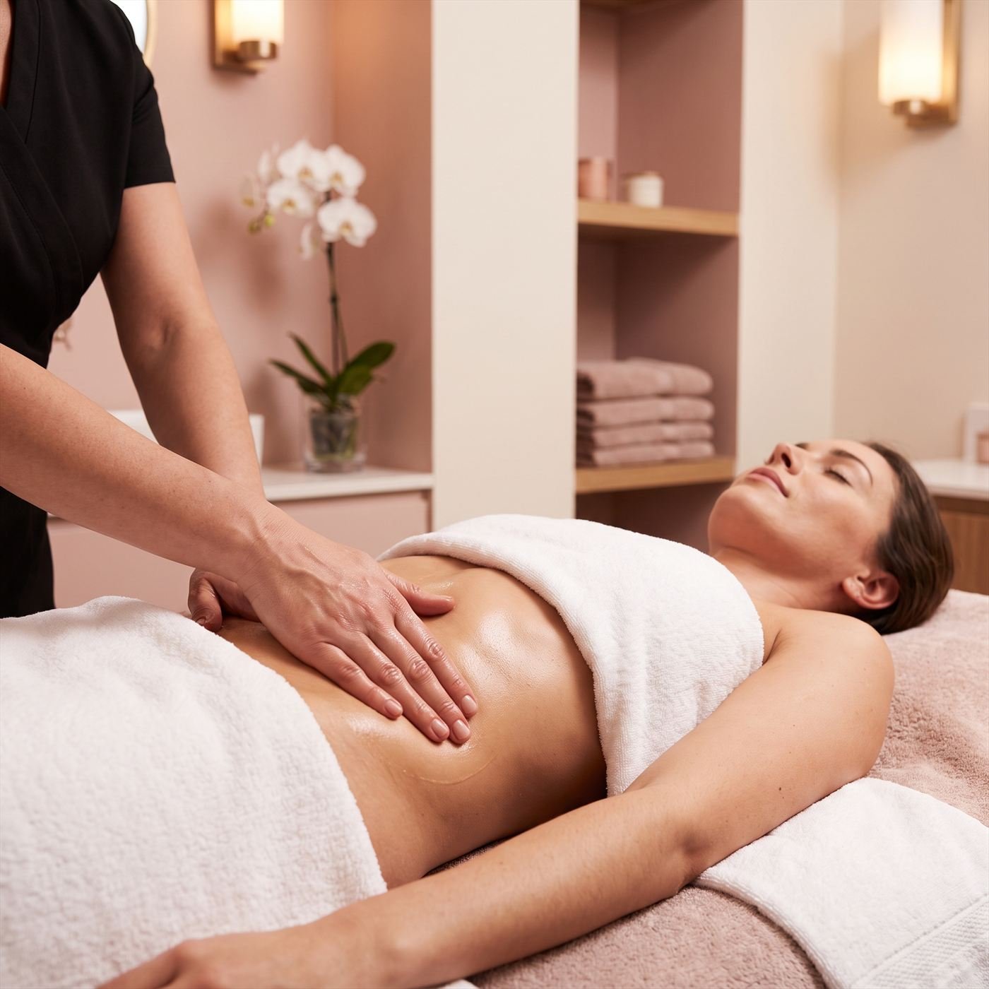 Massagem modeladora sendo aplicada na região abdominal